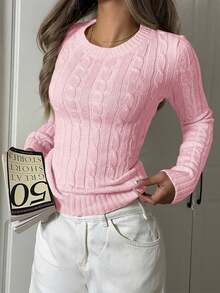 Apperloth A Women's Spring Lightweight Casual Round Neck Long Sleeve Fitted Short Textured Knit Pullover Sweater Pink - Pink - View 5