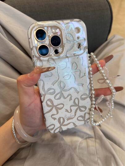 Bow-Knot Glitter Hollow Ribbon Bow 17 Pro Max Case With Lanyard, Fashionable Protective Cover For 16 Pro, 15, 14, 13 Series