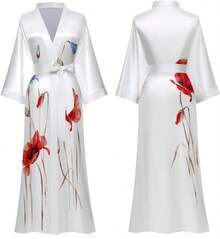 Daiwor Kout - de seda larga de satén japonesa para mujer, de baño suave y sedosa, ligera, de baño de verano - Blanco (blanco floral) - Ver 6
