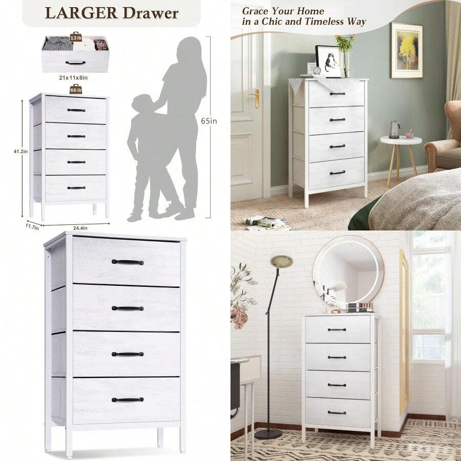 White Drer For Bedroom With 4 Drawers Storage Cabinet For Closet Living Room Nursery Hallway Fabric Chest Of Drawers For Clothes With Metal Frame Wooden Board - 白色 - 查看 1
