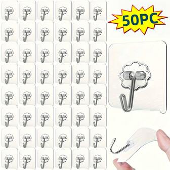 50pcs Heavy Duty Transparent Adhesive Hooks - No Residue Bathroom And Kitchen Wall Hooks, Clear Sticky Hooks For Hanging Towels, Utensils, Keys - Damage-Free Removal, Space-Saving Organizer (50 Pieces), Home Organization, Minimalist Design, Heavy Duty, Small Space Living, Durable Plastic, Practical Hooks