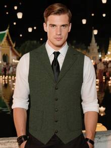 Casual Men's Vests Herringbone Tweed Vest V-Neck Waistcoat For Men Retro Men's Wedding Vests Hunting Travel Workwear Vest - 軍綠色 - 查看 3