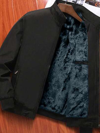 男士长袖纯色简约日常拉链抓绒外套，适合秋冬季穿着