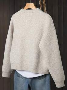 Plus Size Cardigan,Round Neck Knit,Button Front Cardigan,Drop Shoulder,Women Fall Winter Outerwear,Loose Soft Knitwear,Casual Sweater Jacket - Khaki - View 2