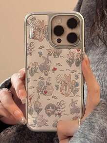 GUCADI 1pc Diseño de Conejo de Flores con Borde Plateado Funda de Teléfono de Carcasa Dura con Recubrimiento de Epoxi Compatible con la Serie Apple 16/15/14/13 - Multicolor - Ver 3