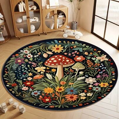 Estilo bohemio, patrón de seta y flor de dibujos animados, alfombra redonda, material de terciopelo suave, lavable a máquina, adecuada para entrada, sala de estar, estudio, armario, pasillo, sala de sol, patio, camping al aire libre, picnic y decoración del hogar