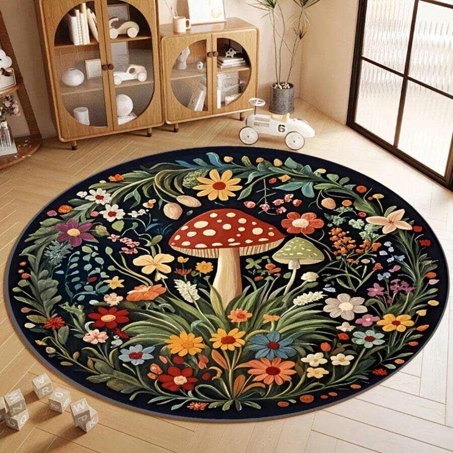 Bohemian Style, Cartoon Mushroom & Flower Pattern, Round Rug, Soft Velvet Material, Machine Washable, Suitable For Entryway, Living Room, Study, Closet, Hallway, Sunroom, Patio, Outdoor Camping, Picnic And Home Decor