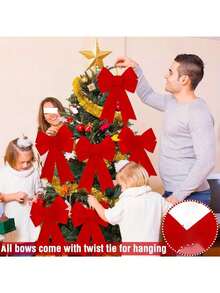 6pcs/10pcs Bow Christmas Tree Decoration Set - Includes Hanging Ornaments With Twist Ties, Suitable For Home And Party Decor - Red - View 6