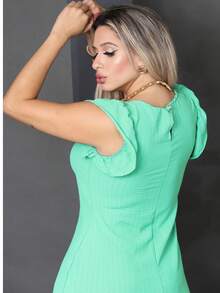 Plus Size Midi Dress, Fits Large And Small Sizes, With Ruffled Princess Sleeves, Puff Sleeves, And A Loose Fit, Dune Color. - Water Green - View 3