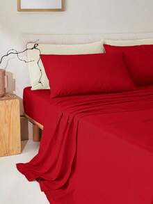 1 bộ ga trải giường bằng sợi microfiber siêu mềm 80gsm, thoáng khí, có thể giặt máy, chống nhăn, không phai màu, màu trơn, chất liệu polyester, dệt bền chắc, sử dụng tại nhà/trường học, đạt chứng nhận Oeko-Tex, màu đỏ - Đỏ - Xem 5