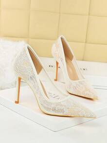 性感蕾丝尖头网眼高跟鞋，夜店风格，适合派对和正式场合