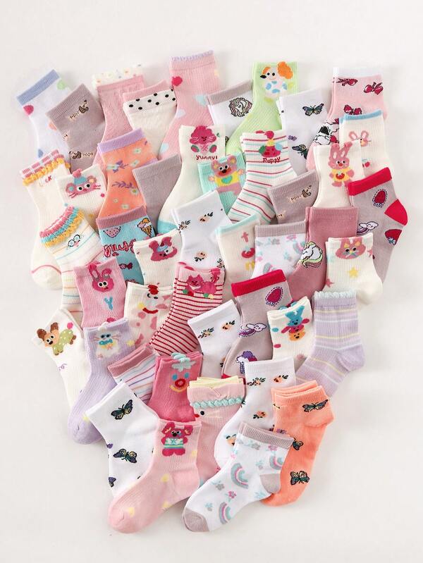 1/5/10 Pairs Girls Autumn/Winter Sports Socks, Cute Cartoon Floral/Rabbit Pattern, Skin-Friendly Soft Comfortable Breathable Fashion Versatile Mid-Calf Socks, Suitable For Back To School, Holidays, Gifts, Student Use, Outdoor Sports, Travel, Daily Matching, Random Color Delivery