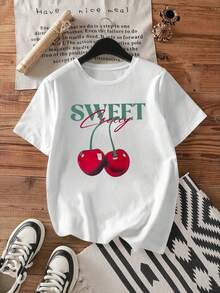 Print T-Shirts, Funny Oversized T-Shirts For Women, New Season Products, Casual Short Sleeve Crew Neck T-Shirt For Women. Cherry And Letter Print. 1 Pc, 7JWF - 白色 - 查看 2