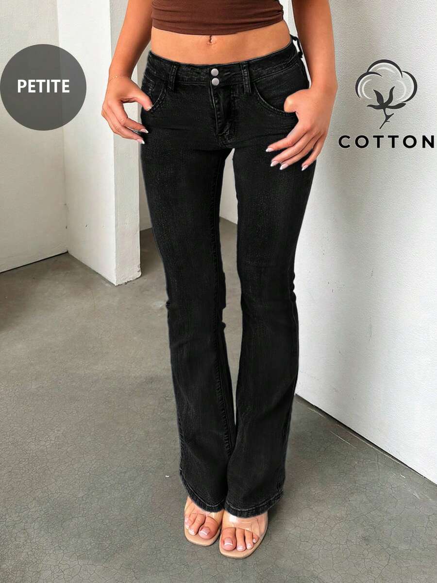 复古优雅高腰纽扣修身低腰性感休闲水洗纯色牛仔裤 春季黑色 - 黑色 - 查看 1