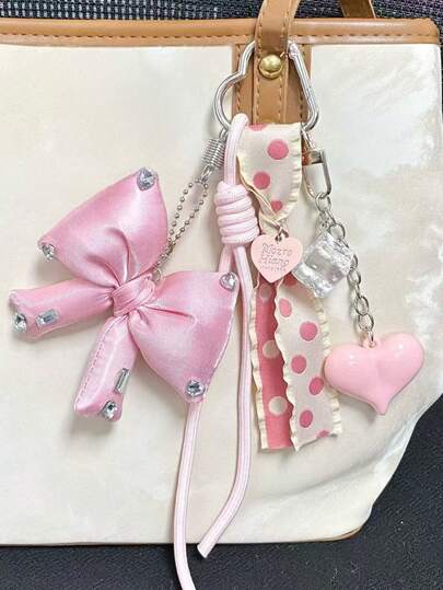 Casual Cute Women's Bag Accessory Pink Bow & Heart Shaped Bag Charm Fashionable & Versatile Keychain Purse Charm Keyring Y2K