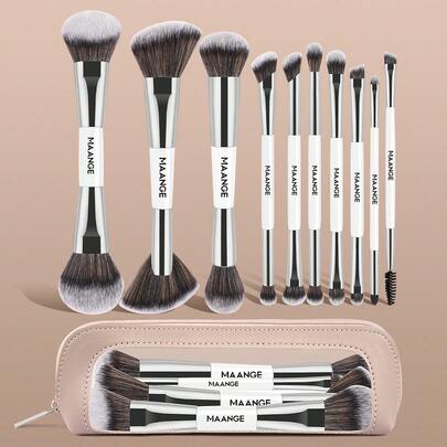 MAANGE 6支/10支专业双头化妆刷套装，包含化妆包和化妆海绵。套装包含斜角粉底刷、轮廓刷、腮红刷、散粉刷、眼影刷、眼线刷、眉刷、遮瑕刷、高光刷、细节刷和晕染刷。刷毛柔软，方便携带，是送给女性和女孩的理想礼物。这款化妆刷套装包含多种化妆工具，是化妆套装、化妆刷套装、化妆礼品套装等的理想之选。