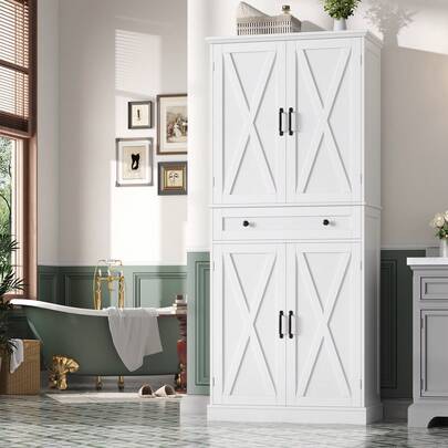 Kitchen Cabinet, Sideboard, Storage Cabinet, Pantry, Bathroom Cabinet, 4 Doors And 1 Drawer, Suitable For Kitchens, Dining Rooms, And Bathrooms, White, 75x40x180 Cm