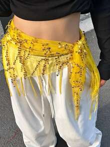 1pc Women's Belly Dance Costume, Sequin Fringe Belly Dance Hip Scarf, Thai/Arabian Dance Skirt Waist Belt - Multicolor - View 19