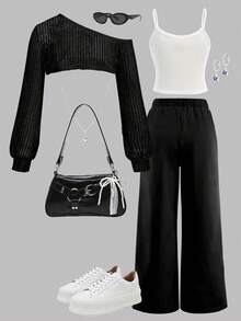 青少年夏季三件套服装，美式街头风宽松针织外套、吊带背心、工装裤 - 黑色 - 查看 3