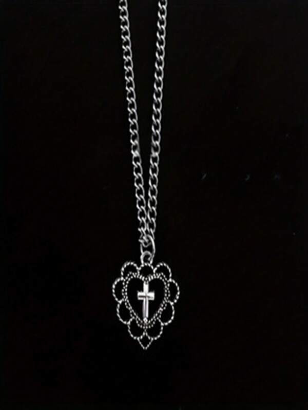 ZHAOTANGHESILVERJEWELTY 1 pieza Collar con colgante de cruz de corazón plateado de moda, estilo punk, encanto de aleación de zinc versátil y vintage, regalo perfecto para moda, ropa urbana, uso diario, viajes, vacaciones, Navidad, aniversario, Halloween, fiesta de cumpleaños