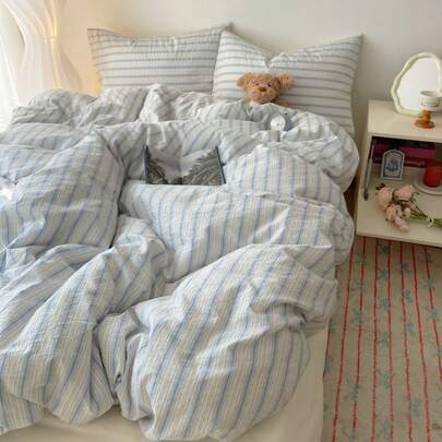 三件套涤纶简约床上用品套装，适合男孩/女孩宿舍，拉链封口，四季皆宜，柔软透气，适用于宿舍床、单人床、双人床、特大号床、卧室，可机洗（1个被套，2个枕套，不含填充物）