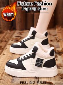 LISM 女士雪地靴，圆头，平跟，保暖，高帮，时尚，休闲，适合中年女性，户外，防寒，大码，欧码 35-40，多色可选 - 黑與白 - 查看 4