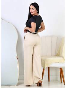 Kit 2 Women's Tailored Wide Leg Pants + 2 Free Belts - Gray / Beige - View 7