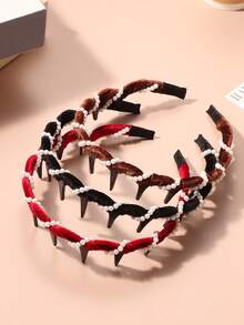 1 tiara feminina ondulada com pérolas artificiais revestida em veludo, elegante e estilosa, com pente, antiderrapante, reversível, texturizada, acessório para emoldurar o rosto. - Multicolorido - Ver 3