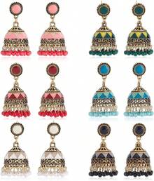 6 Pairs Jhumkas  Earrings Vintage  Earrings For Women Boho Gold Plated Multicolor Bell Faux Pearl Tassel Dangle Drop  Bollywood Statement Earring Fashion Jewelry2025 - 1 - 查看 1