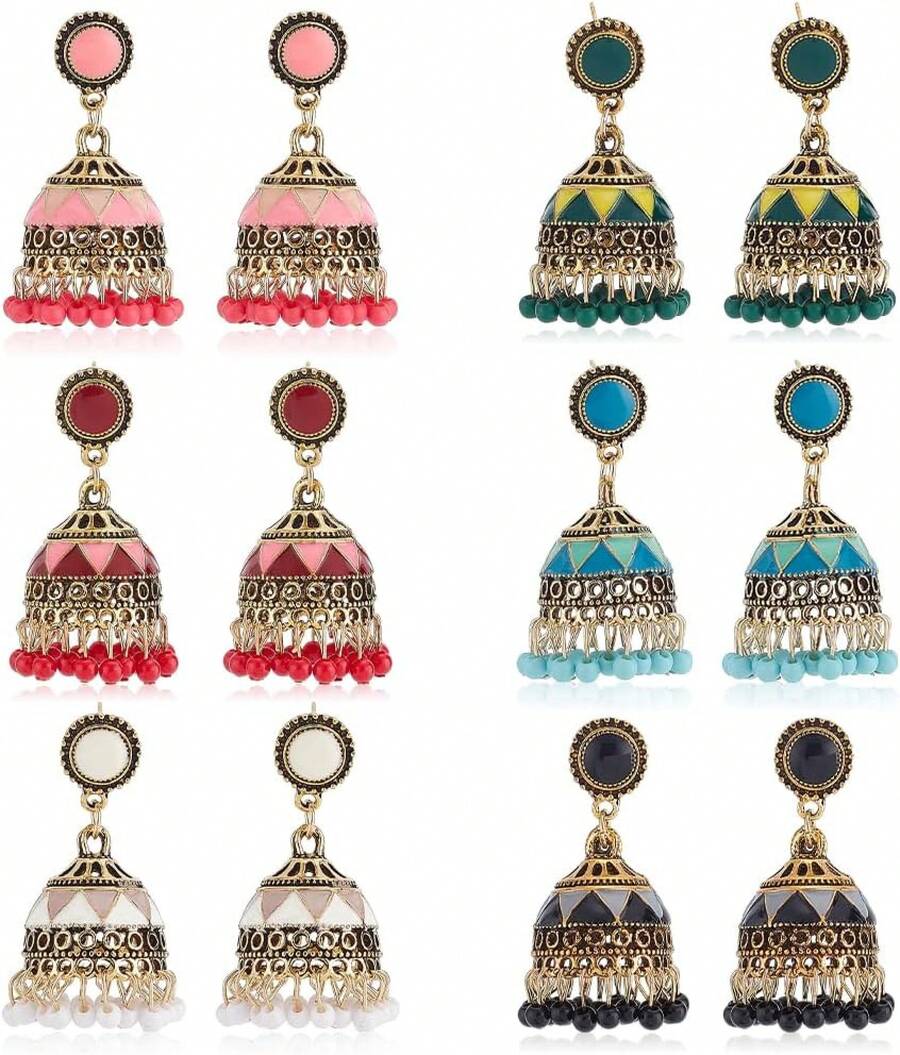 6 Pairs Jhumkas  Earrings Vintage  Earrings For Women Boho Gold Plated Multicolor Bell Faux Pearl Tassel Dangle Drop  Bollywood Statement Earring Fashion Jewelry2025 - 1 - 查看 1