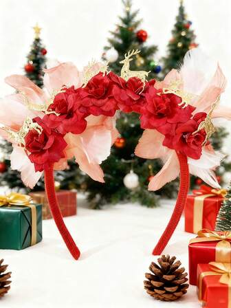 1件装女士圣诞红玫瑰金驯鹿红白薄纱发箍，女士发圈发带