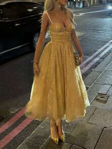 Đầm dạ hội dáng công chúa thanh lịch, trang trọng và lãng mạn với phần eo thắt gọn, kiểu dáng xòe nhẹ dành cho nữ, thích hợp cho dịp Giáng sinh, Năm mới và mùa hè. - Màu vàng - Xem 3