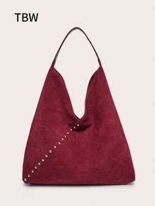 Women's Shoulder Bag/Handbag, Brown Suede, Large Capacity, Decorated With Rivets, Vintage Versatile Commuter Style, Suitable For Autumn And Winter Outings. - Burgundy - View 1