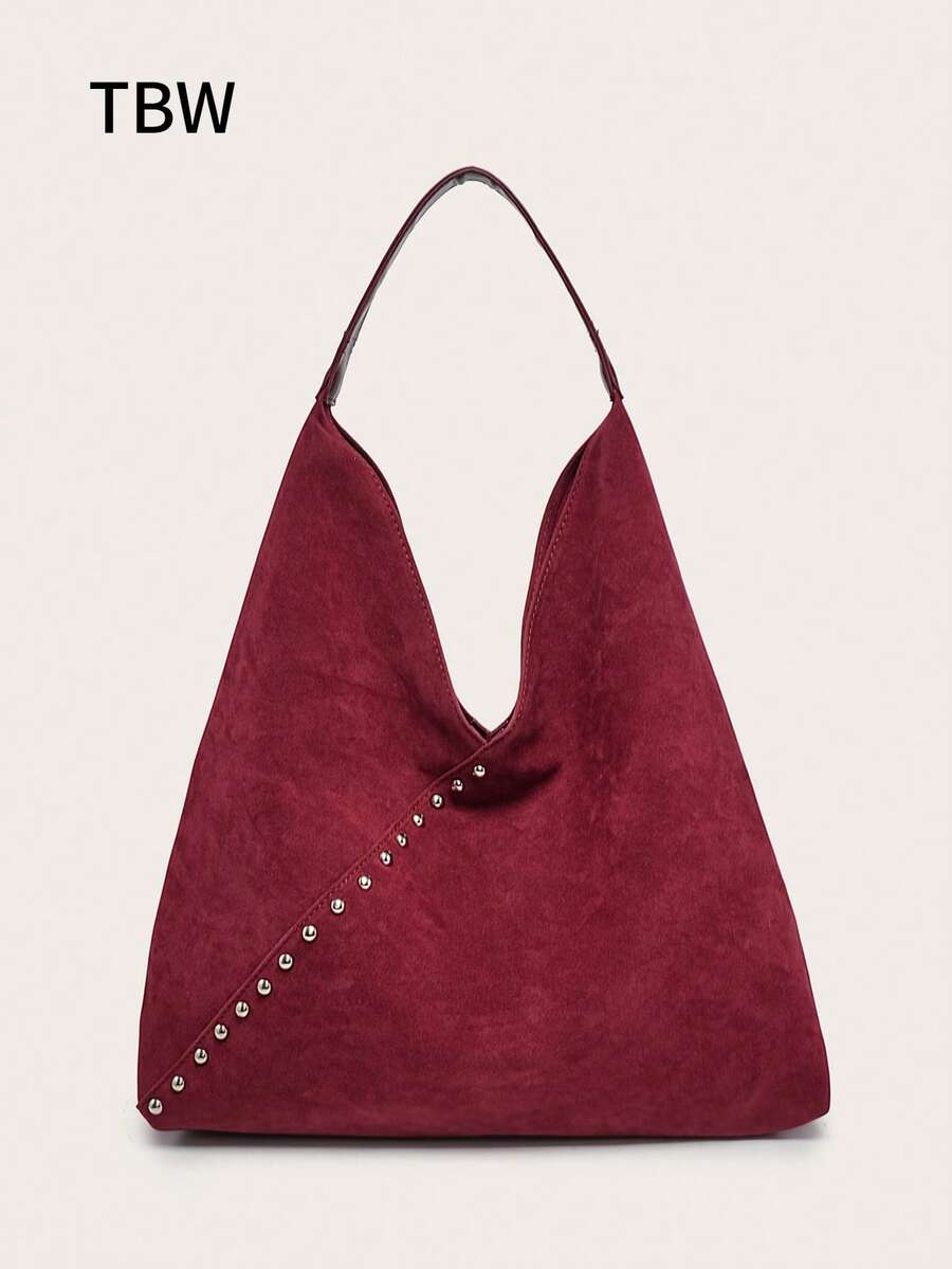 Women's Shoulder Bag/Handbag, Brown Suede, Large Capacity, Decorated With Rivets, Vintage Versatile Commuter Style, Suitable For Autumn And Winter Outings. - Burgundy - View 1