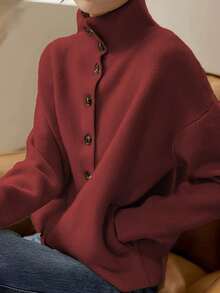 Áo khoác cardigan dệt kim tay dài cổ đứng cài cúc đơn màu trơn dành cho nữ mùa xuân, kiểu dáng thanh lịch tối giản có túi, đa năng cho công sở và phong cách đường phố. - Màu Đỏ Sâu - Xem 3