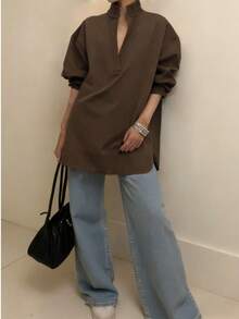 Women's Fashion Casual Versatile Long Sleeve Shirt, Asymmetrical Hem Solid Notched Neck Sexy Minimalist Office Shirt Fashionable Women's Notch Collar Brown Polyester Sheer Long Sleeve Shirt - Coffee Brown - View 3