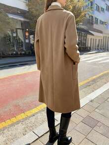 Women's Autumn Double Pocket Lapel Double Row Button Top Mid Length Jacket - Khaki - View 2