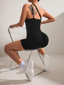 Solid Color Asymmetric Collar Fitted Sports Jumpsuit - Black - View 2