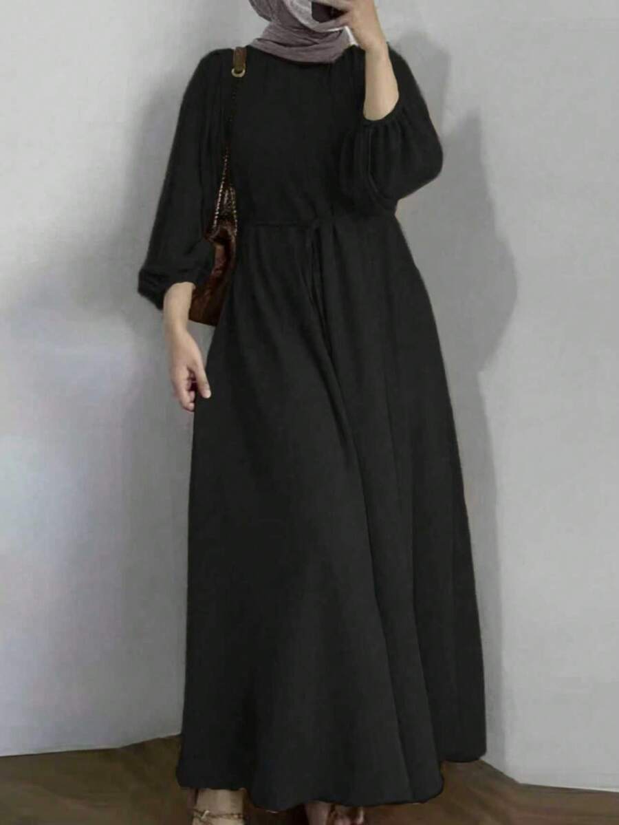 女士时尚休闲新款长袖优雅派对休闲长袍连衣裙，春/秋/冬 - 黑色 - 查看 1