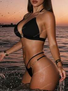 Swim SXY 2件套黑色金链心形吊带性感高衩侧开衩比基尼套装，女士款，2026春夏款 - 黑色 - 查看 1