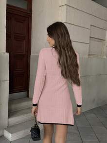 FOR BEAUTY New Autumn/Winter Round Neck Long Sleeve Knit Dress Spring Solid Color Minimalist Elegant Contrast Color Fashion Commuter Mini Dress Knit Dress For Valentine's Day Date - Tender Powder - View 5