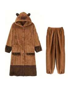 1PC 水豚穿毯，可爱水豚毛绒穿毯，连帽珊瑚绒卡通可爱风格带帽长袍 - 冬季保暖珊瑚绒卡通动物连帽长袍，适合成人，带大口袋和袖口的连帽长袍，适合秋冬季，温暖，礼物，情侣装，圣诞礼物，新年礼物