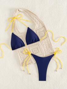 Conjunto de bikini sexy con top halter trenzado para mujer, traje de baño de dos piezas para playa, vacaciones, campamento de verano - Azul Marino - Ver 2