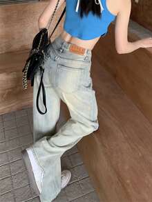 Blue Loose Straight-Leg Jeans, Ankle Length Pants For Women - Blue - View 1