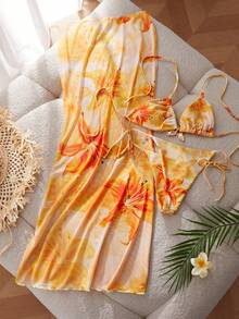 Bộ đồ bơi 3 món dành cho nữ, bikini gợi cảm, họa tiết hoa sen ombre, áo khoác ngoài đồ bơi cổ điển thanh lịch, váy đi biển, trang phục dự tiệc Giáng sinh cho nữ, quà tặng cho người yêu, ngày lễ tình nhân, kỳ nghỉ hè. - Màu vàng - Xem 10