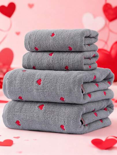 Red Heart LOVE Embroidered Couple Towels, Small Bath Towel, Valentine's Day Gift, Soft, Absorbent, Lint-Free, Face And Body Towel, Personalized Adult Towel Set, For Home, Pool, And Everyday Use