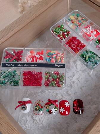 1 Box Christmas Nail Art Decor - Bells, Bows, Pearls, Snowflakes Nail Accessories