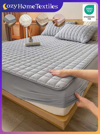 1pc Quilted Bed Sheets, Bedding, Fitted Sheet, Mattress Cover, Soft And Comfortable Bed Cover, Solid Color Mattress Protector, Modern Fabric Fitted Bottom Sheet For Home, For Bedroom, Guest Room, Deep Pocket, Mattress Cover, Dustproof Bedspread, For Twin, Full, King, Queen Size, Only Fitted Sheet Without Pillowcase,