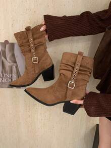 复古麂皮粗跟西部牛仔靴，尖头搭扣修身秋冬百搭新款褶皱宽松中筒高跟短靴，猫跟 - 卡其色 - 查看 4