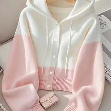 Women's Gradient Color-Block Hooded Sweater Cardigan - Cropped Button-Front Jacket With Chest Pocket, Medium Stretch For Fall/Winter Layering, Soft White To Tones (Office To Casual Outfits) - Easy-Care Sweater Gym Clothes Women Leggings Winter Clothes For Women Glowmode - 粉紅色 - 查看 1